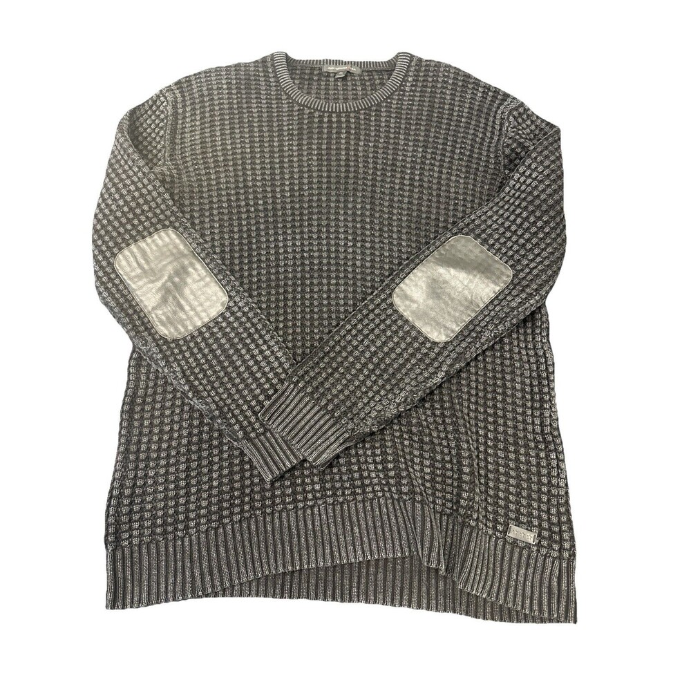 John Varvatos "Kargg" Black Waffle Knit Crewneck Sweater w Elbow Patches